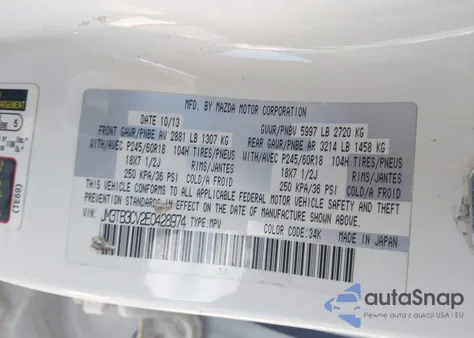 2014 Mazda Cx-9 Touring z USA, uszkodzony, nr VIN JM3TB3CV2E0428974